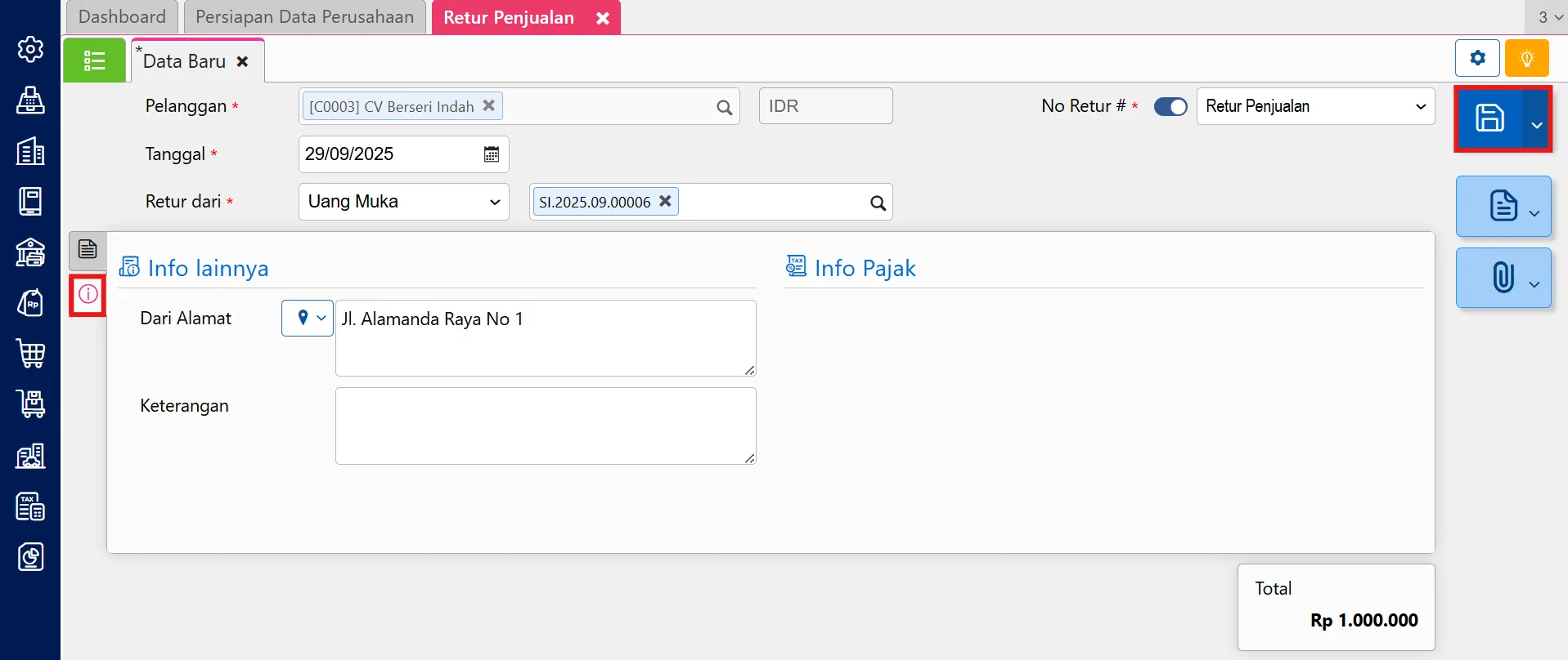 Cara retur penjualan uang muka yang lunas
